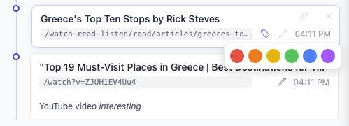 Color tagging interface showing color picker options