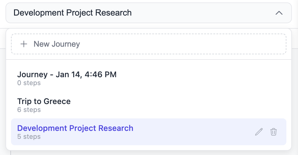 Journey dropdown showing multiple journeys